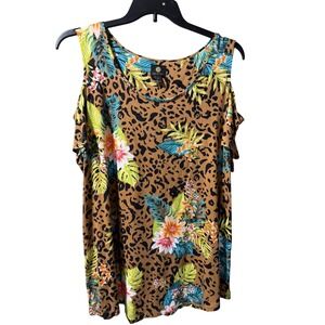 JM Collection Women 2X Leopard Tropical Floral Cold Shoulder Top Vacation Cruise